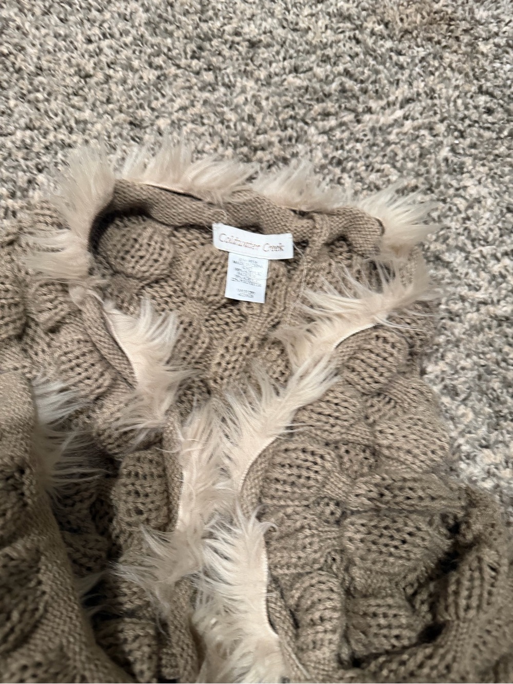Coldwater Creek Taupe Cable Knit Scarf with Faux-Fur Trim
